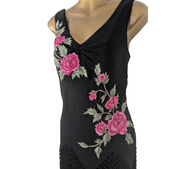 Sue Wong Sz 10 Vintage Y2K Black Silk Embroidered Fringed Dress EUC - Picture 3 of 9